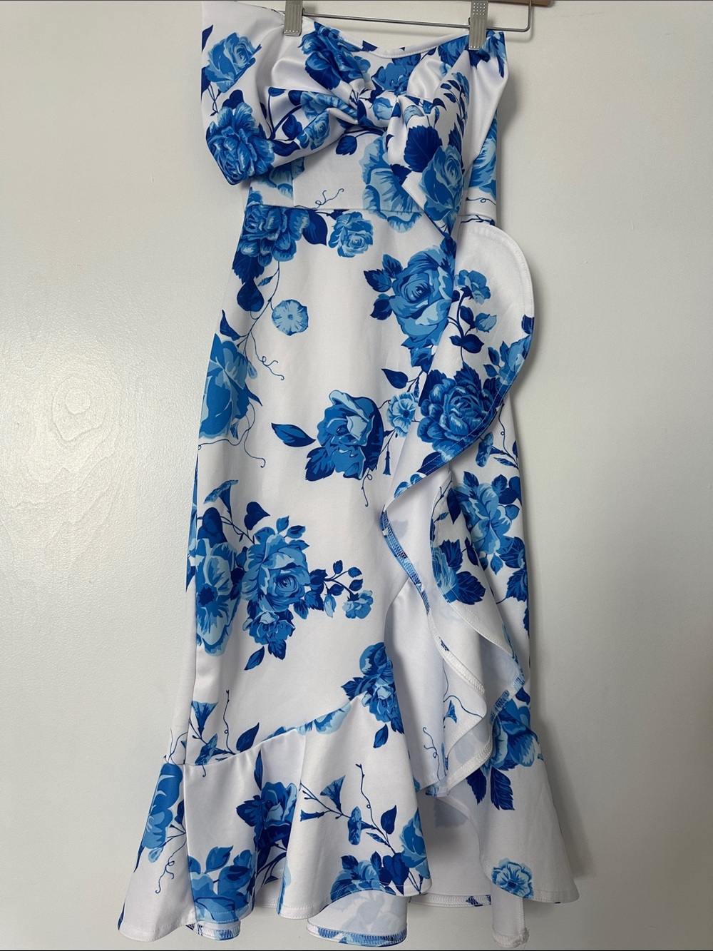 Boohoo White Strapless Dress with Blue Floral Print